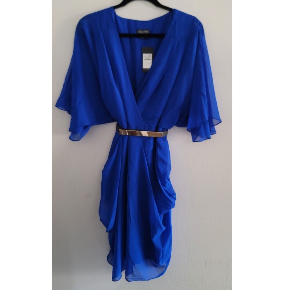 City Chic Draped Faux Wrap Dress Ultra Blue XS 14 NEW - Picture 3 of 11